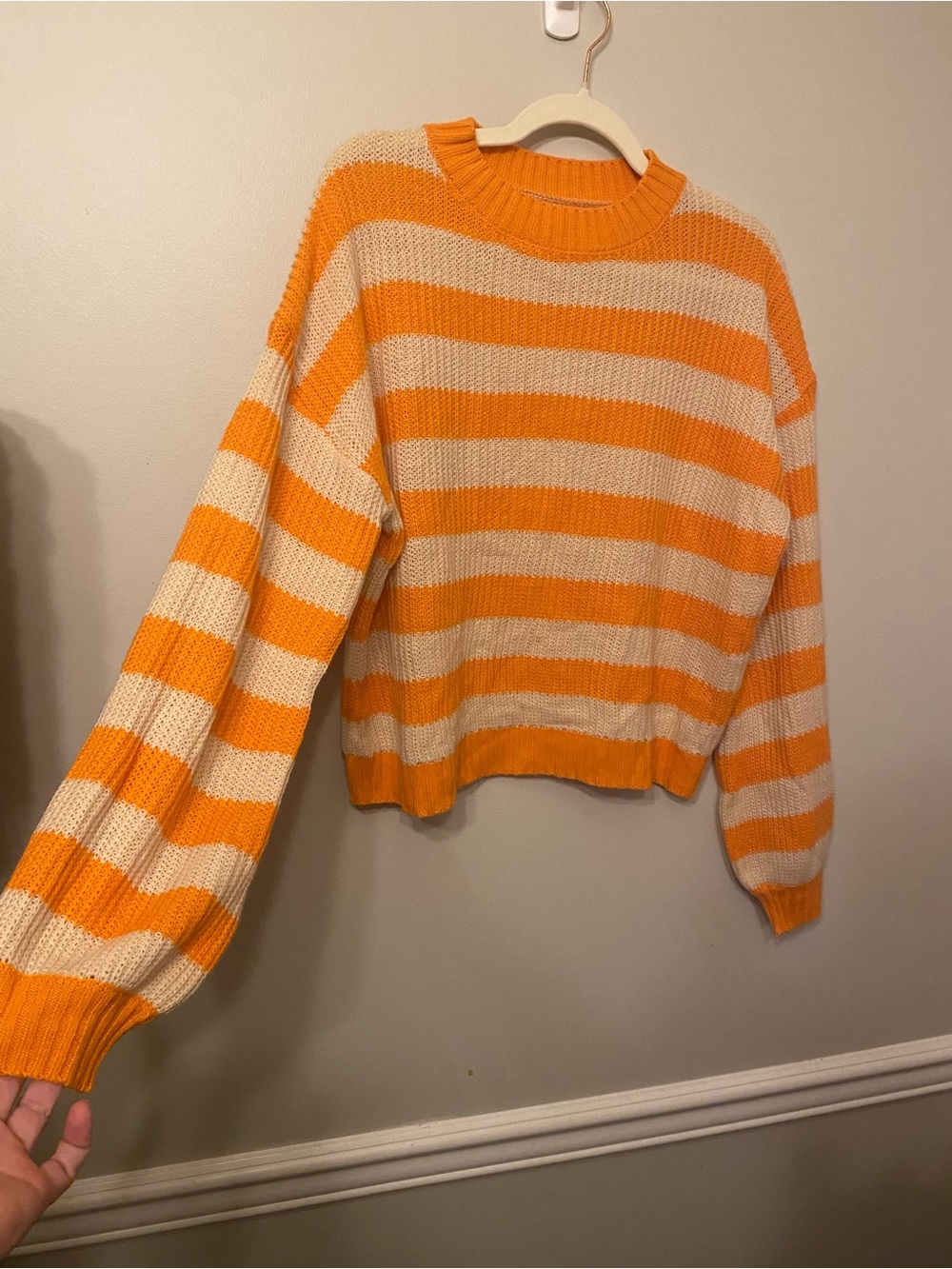 SHEIN Orange and Cream Striped Crewneck Sweater